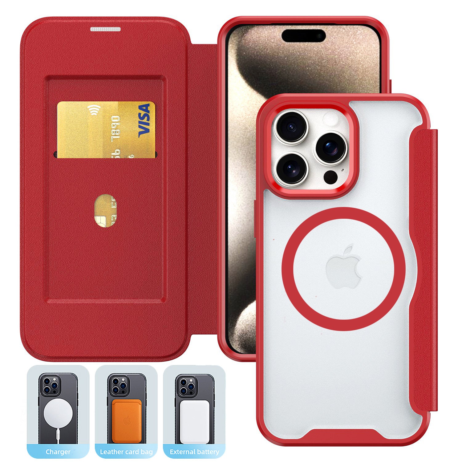 PU Leather Magnetic Flap Phone Case with Magsafe In Red For iPhone 16 Plus (FC37-IPH16PLUSRD)